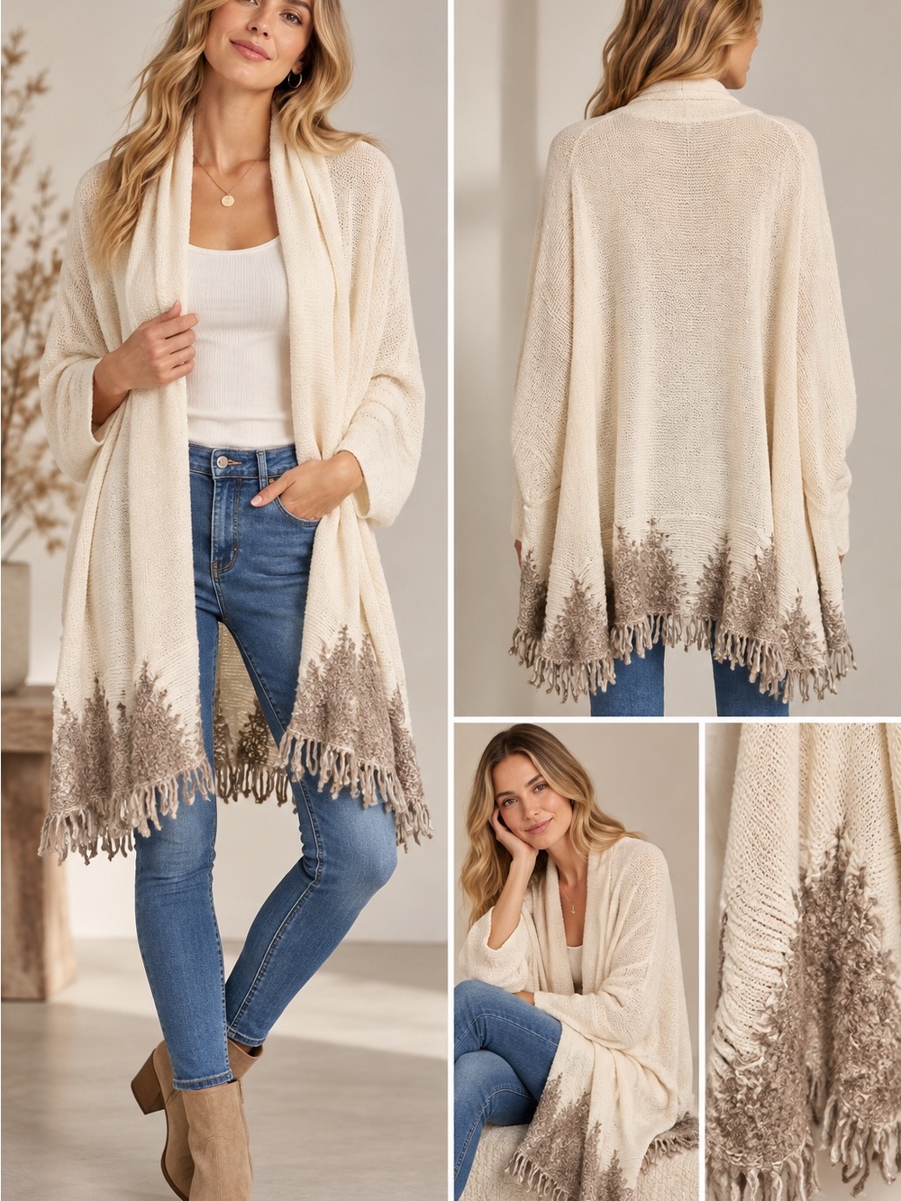 Anthropology Moth Cream Fringe Open-Front Knit Cardigan Sweater